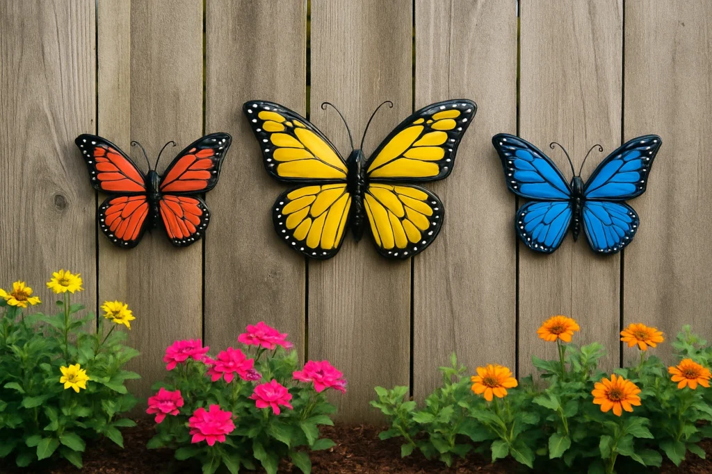 Three butterfly ornaments arranged on a fence.