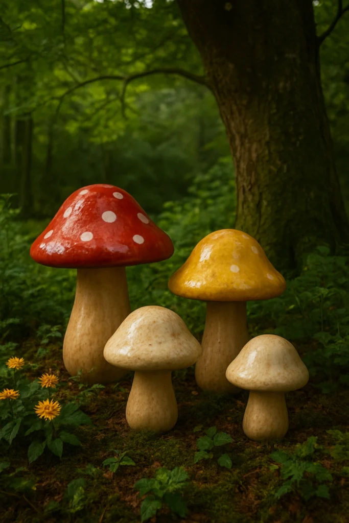 Mushroom statues under trees with woodland charm