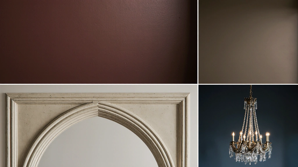 Three-part style guide: color palette, arch molding, Gothic chandelier.