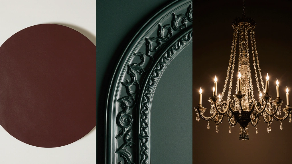 Three-part style guide: color palette, arch molding, Gothic chandelier.
