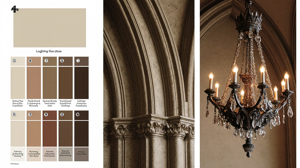 Three-part style guide: color palette, arch molding, Gothic chandelier.