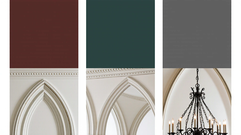 Three-part style guide: color palette, arch molding, Gothic chandelier.