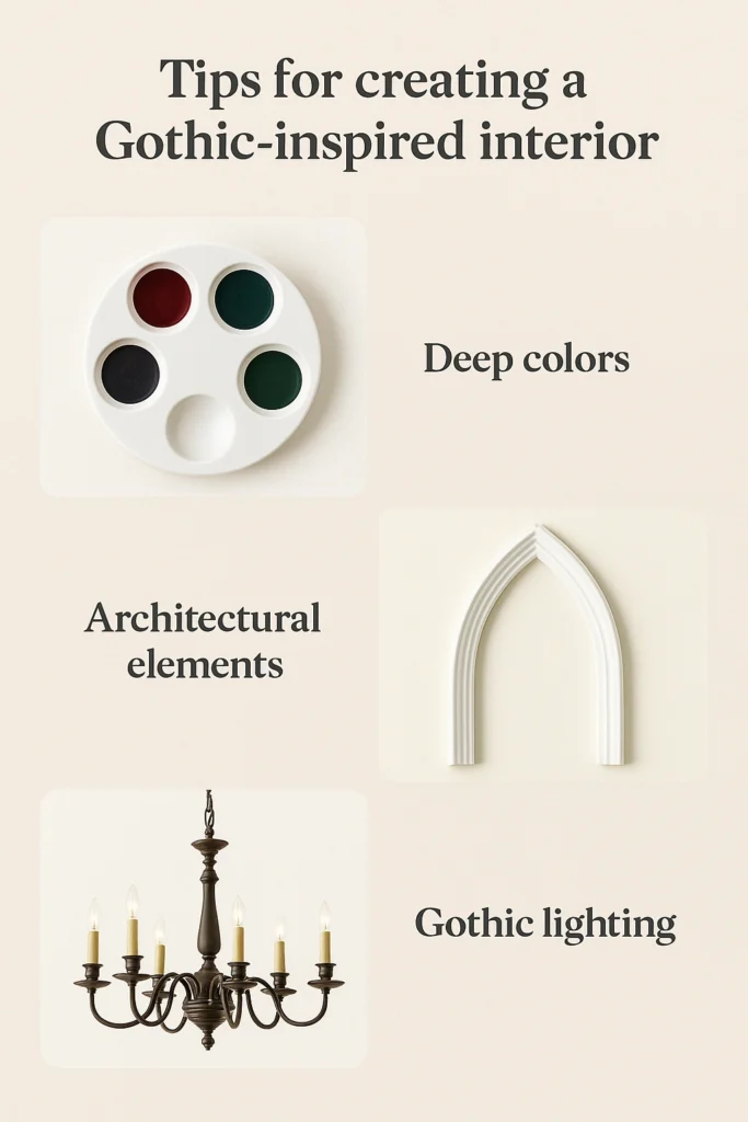 Three-part style guide: color palette, arch molding, Gothic chandelier.