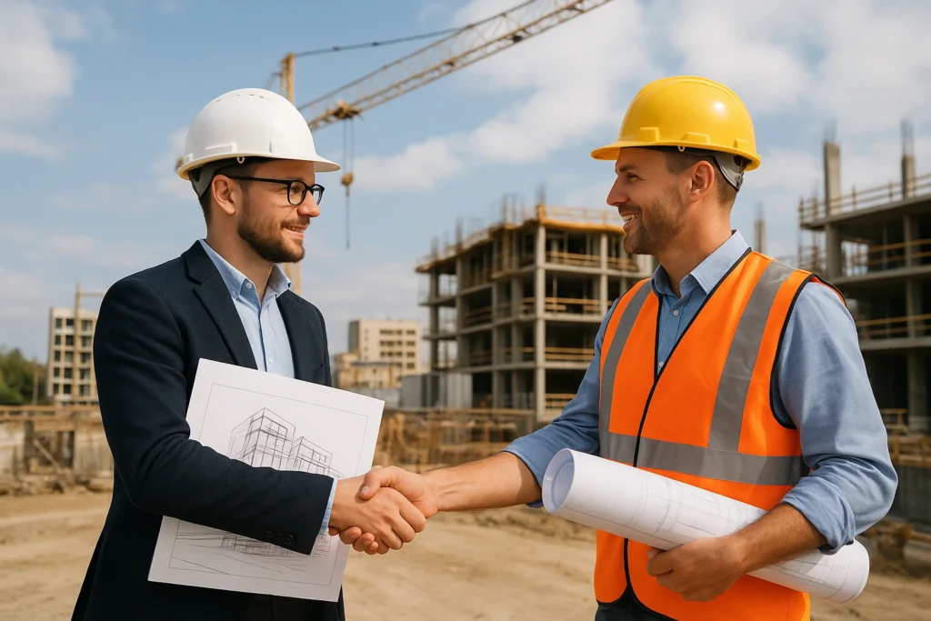 Architect and engineer collaboration handshake.