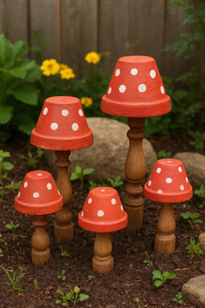DIY mushrooms made from terracotta pots and wooden spindles.