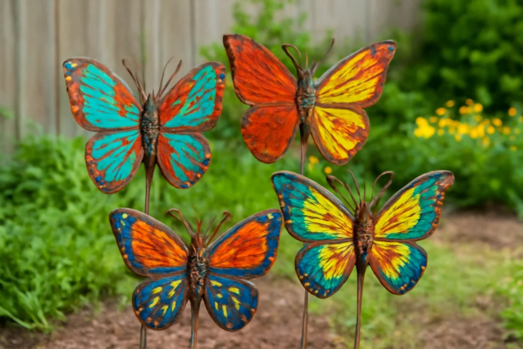 Upcycled metal butterfly ornaments for garden decor.

