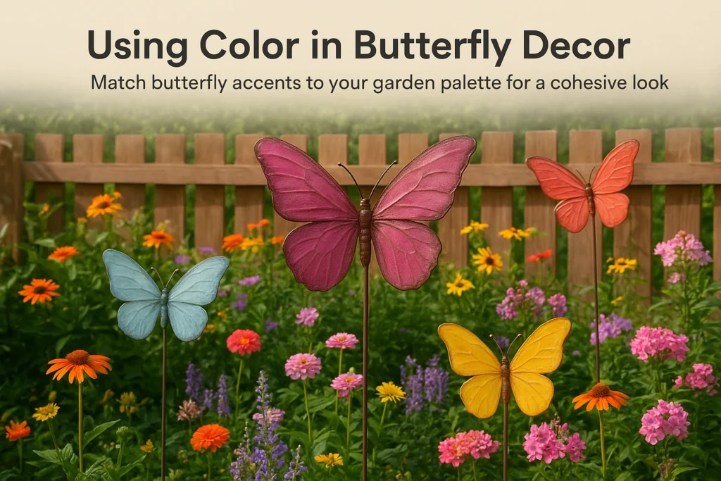 Color-coordinated butterfly ornaments in a flower garden.