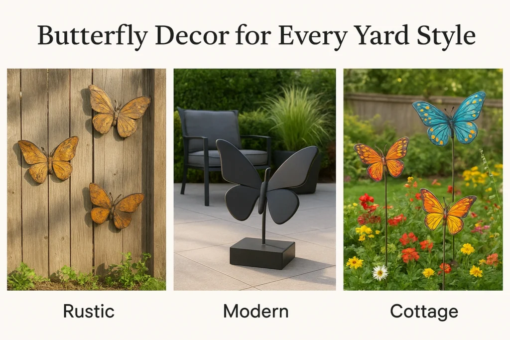 Butterfly decor styled for rustic, modern, and cottage outdoor spaces.
