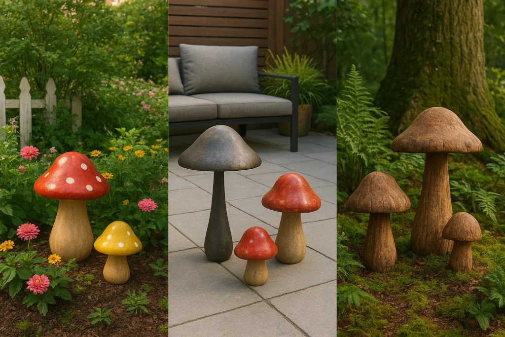 Different styles of mushroom decor in various garden types