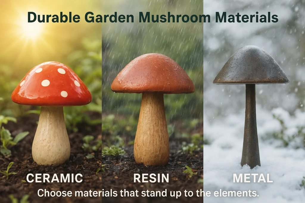 Weatherproof mushroom decorations in ceramic, resin, and metal.