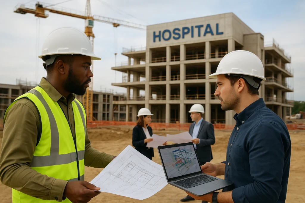 Engineers and architects collaborating on hospital design.