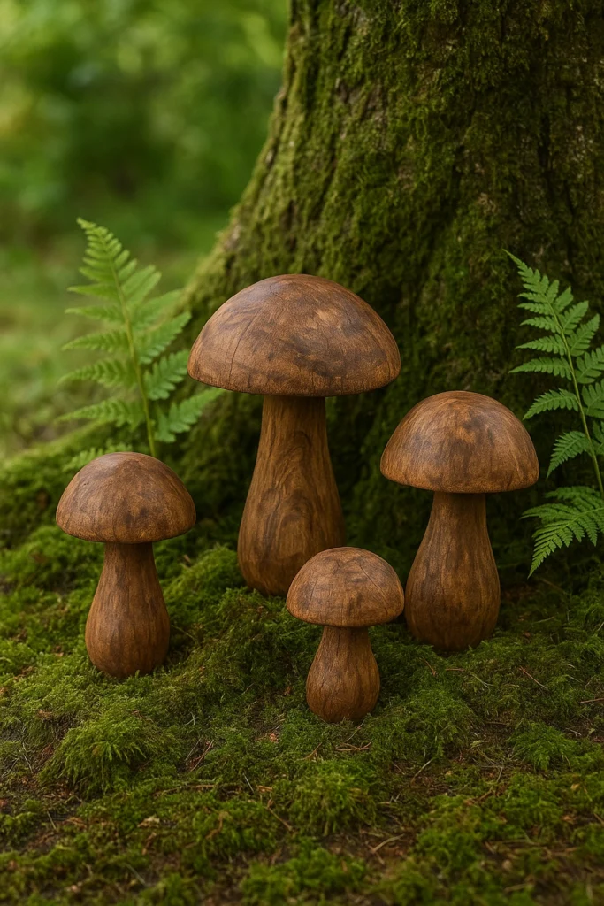 Rustic wooden mushroom ornaments in a shaded garden area