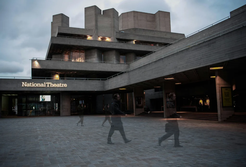 National Theatre with angular concrete brutalist design.