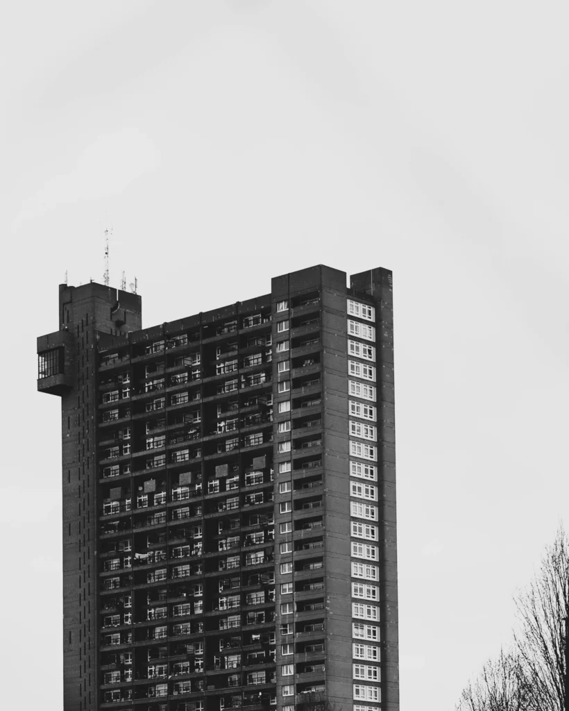 Trellick Tower with vertical concrete brutalist structure.
