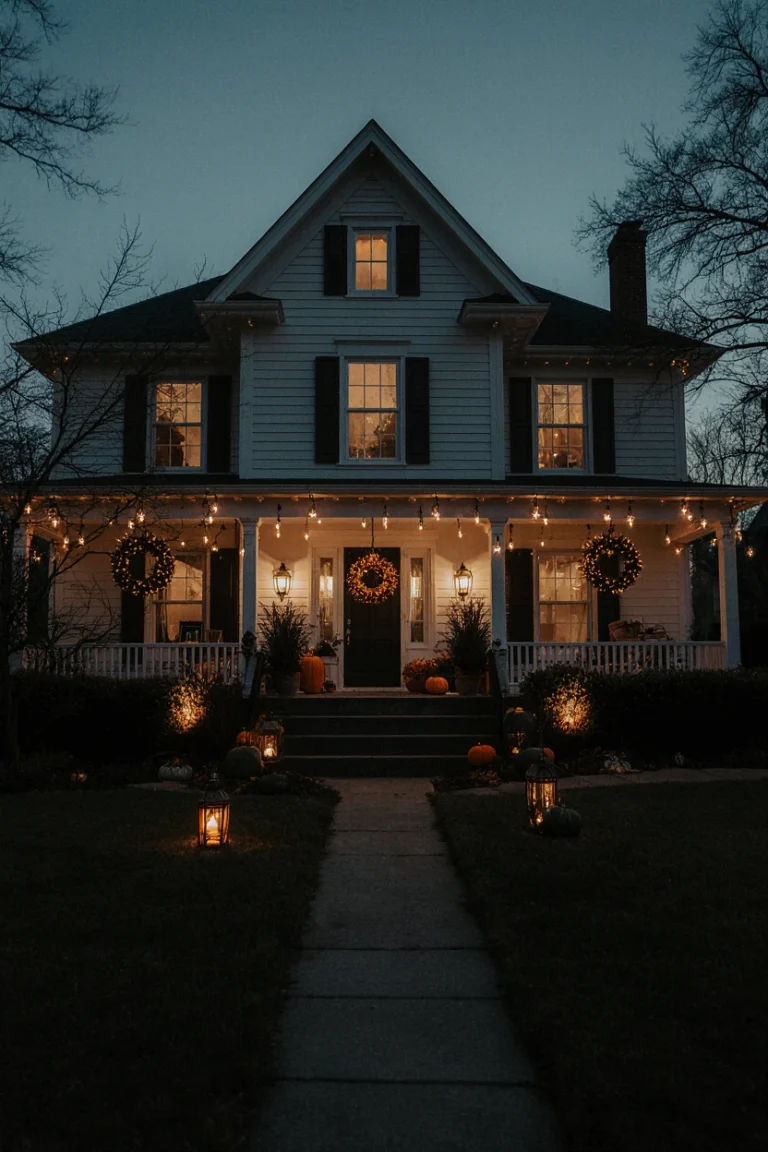Stylish decorated Halloween home exterior at dusk