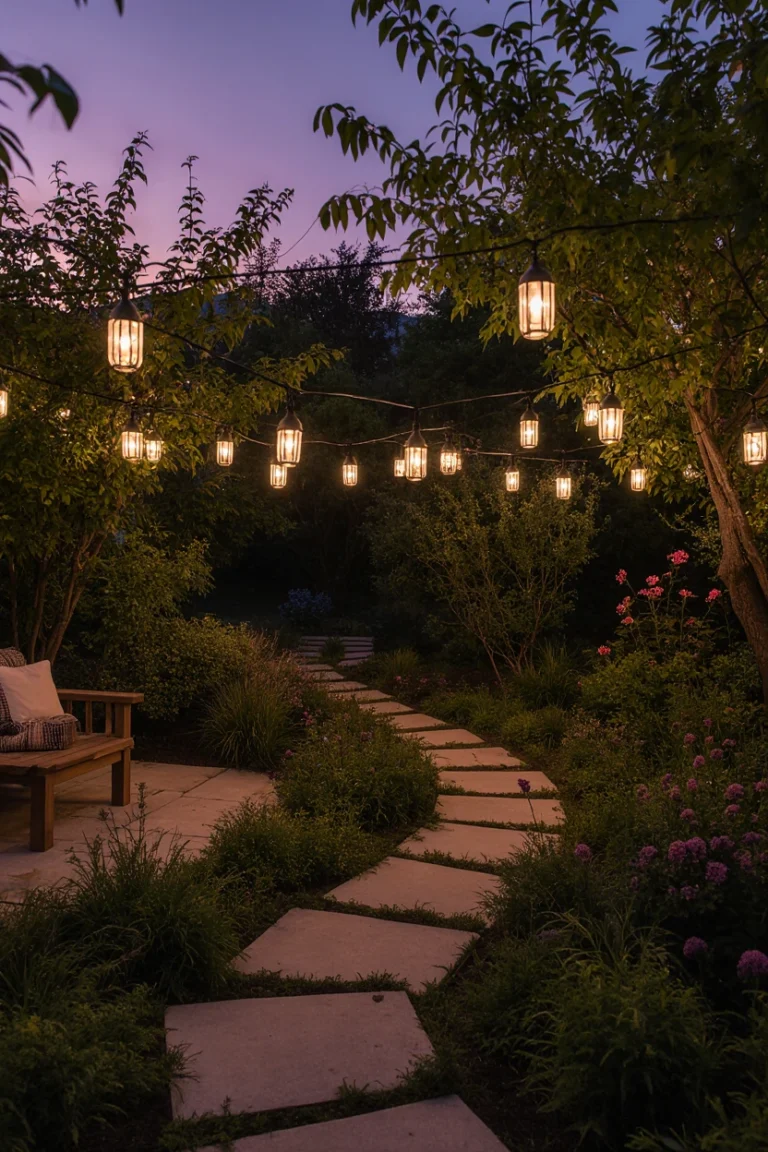 Backyard garden glowing with solar decor lights at sunset