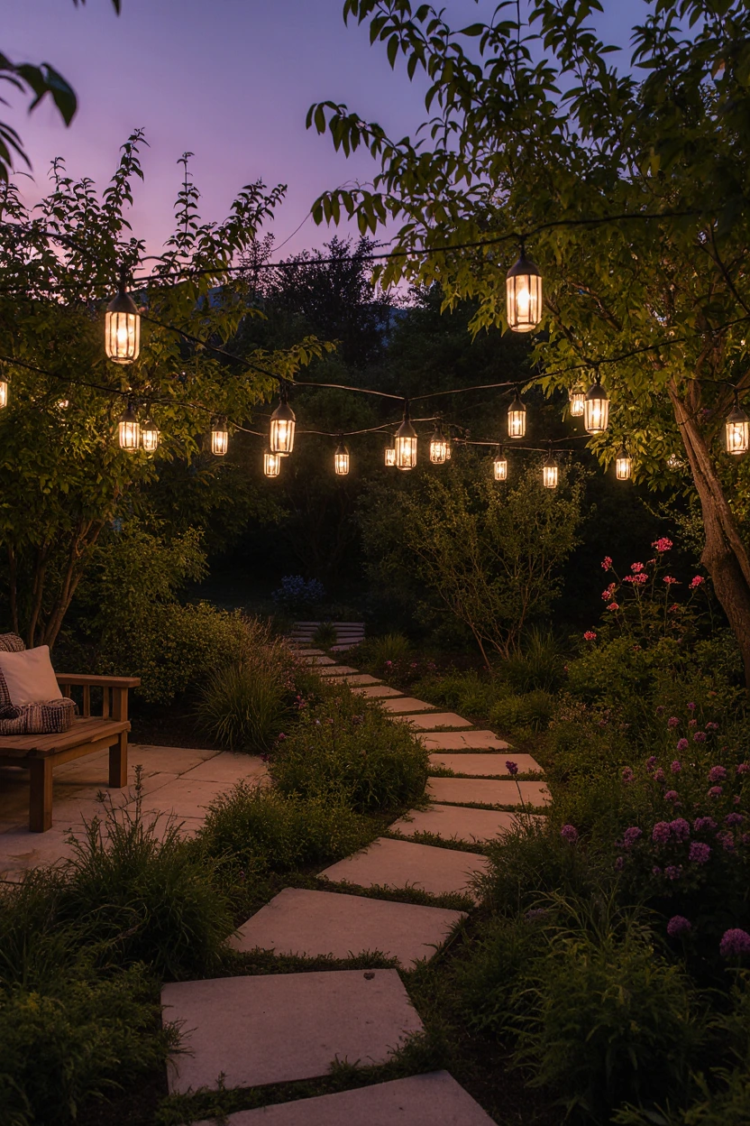 Backyard garden glowing with solar decor lights at sunset