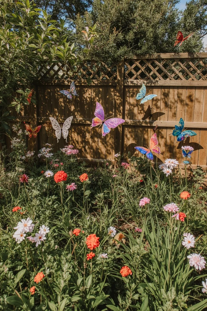 Backyard garden with butterfly decorations on fences, stakes, and a wind spinner.