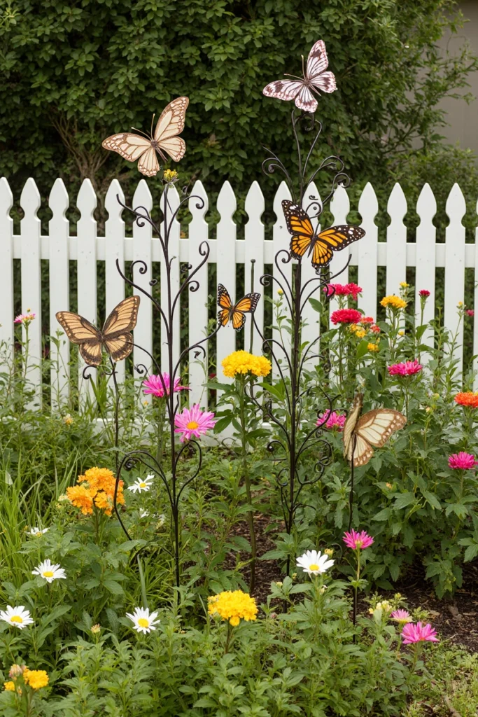 Backyard garden with butterfly decorations on fences, stakes, and a wind spinner.