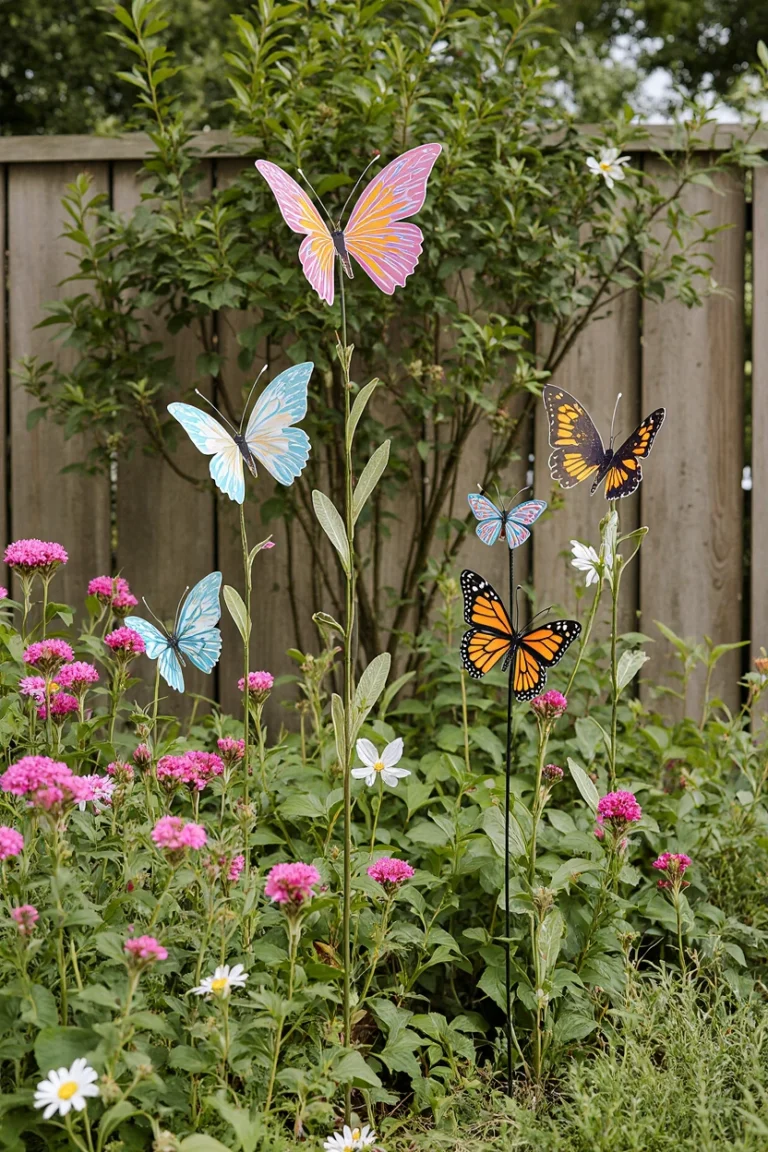 Elegant American backyard with colorful butterfly yard decor and real butterflies.