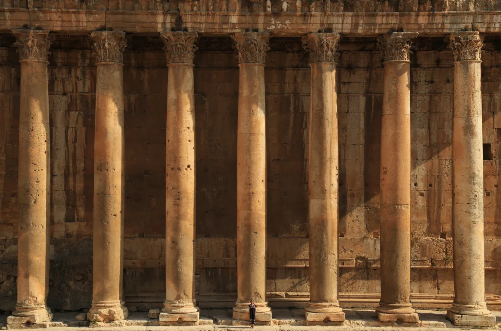 Ancient Greek architecture with Corinthian, Doric, and Ionic columns
Temple of Bacchus at Baalbek, corinthian columns