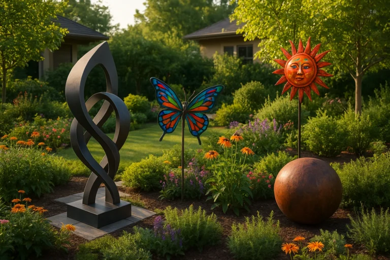 Stunning metal art for outdoors in a landscaped garden, 2025 design inspiration.