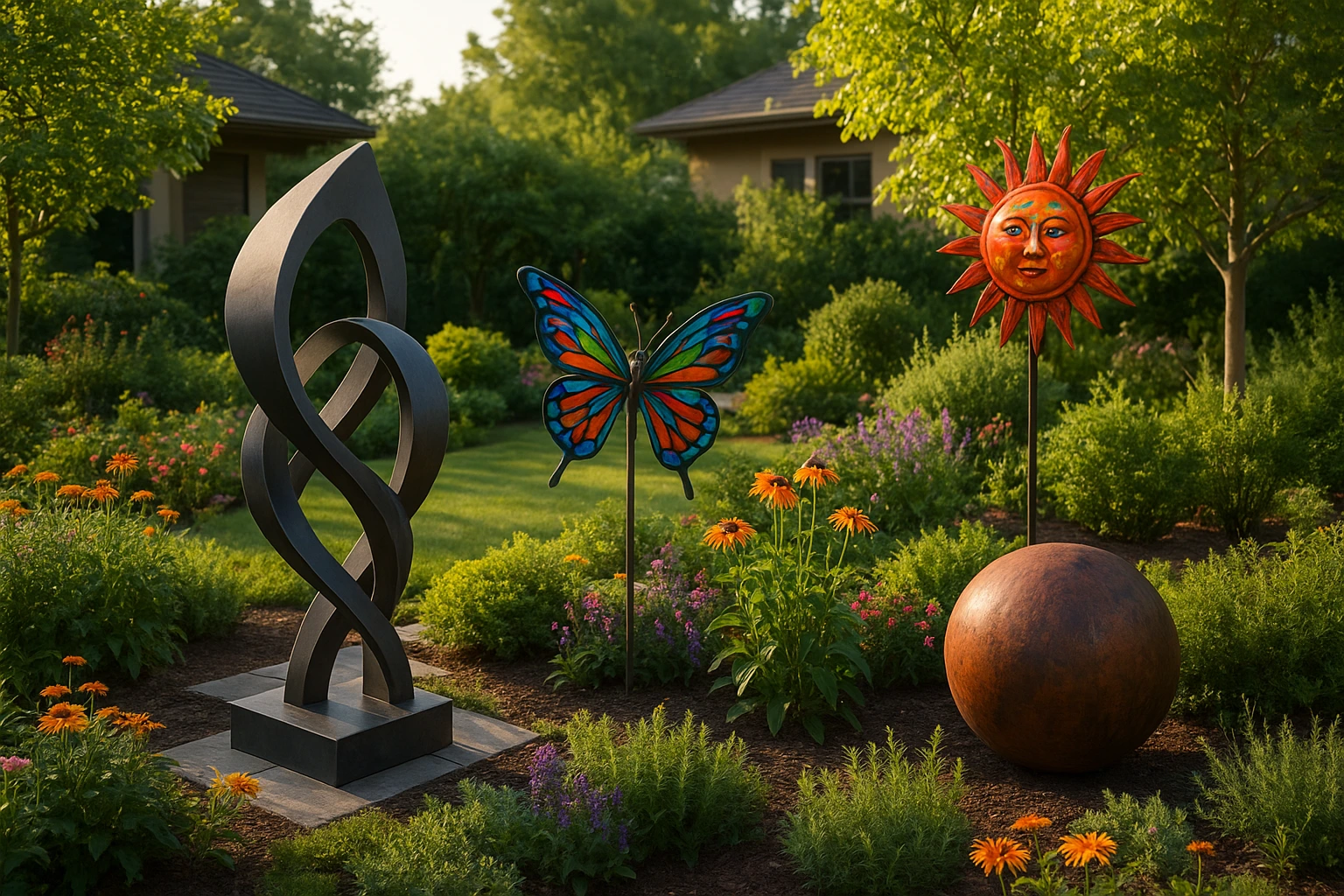 Stunning metal art for outdoors in a landscaped garden, 2025 design inspiration.