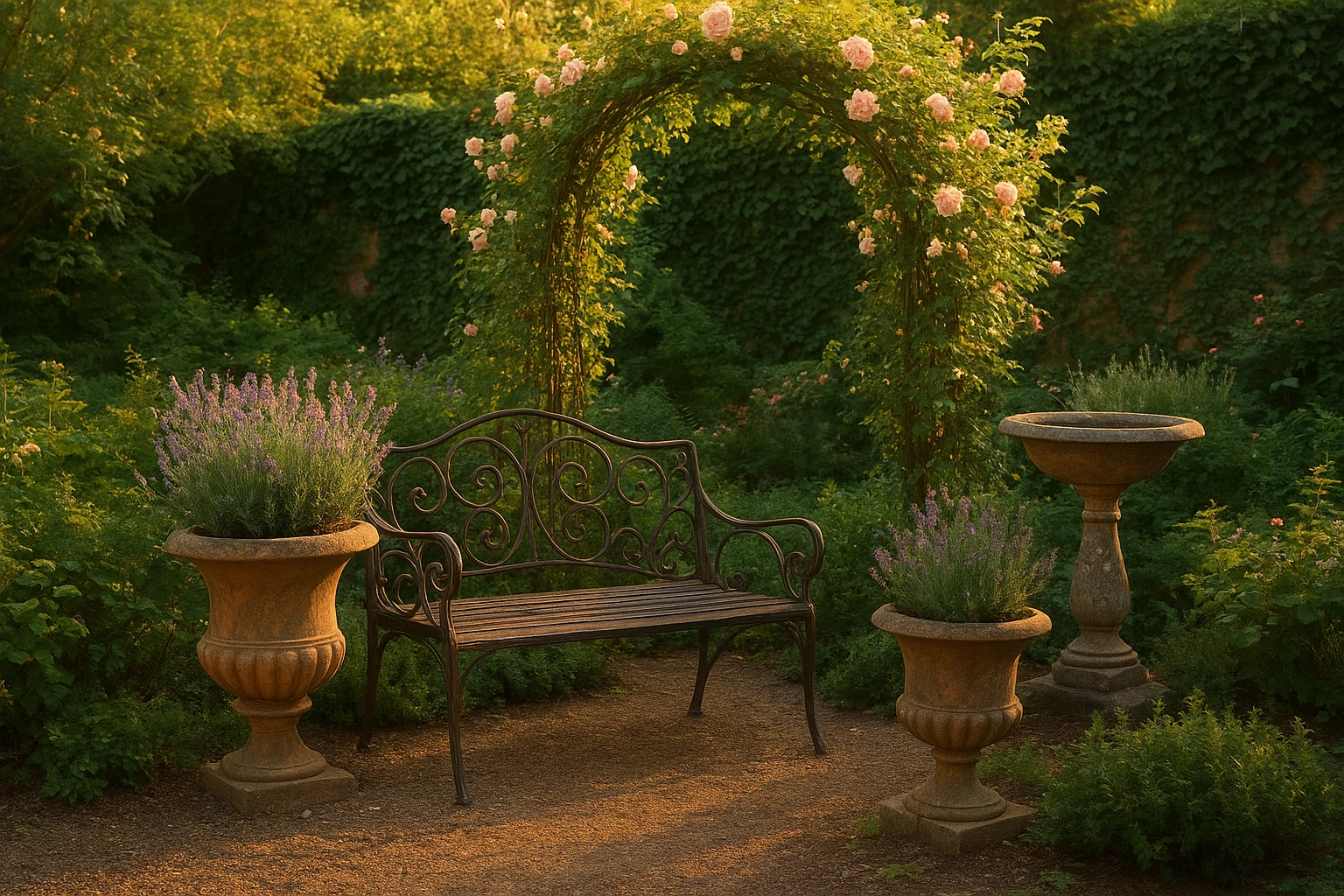 Elegant vintage garden with wrought iron bench and antique planters - antique garden decor.