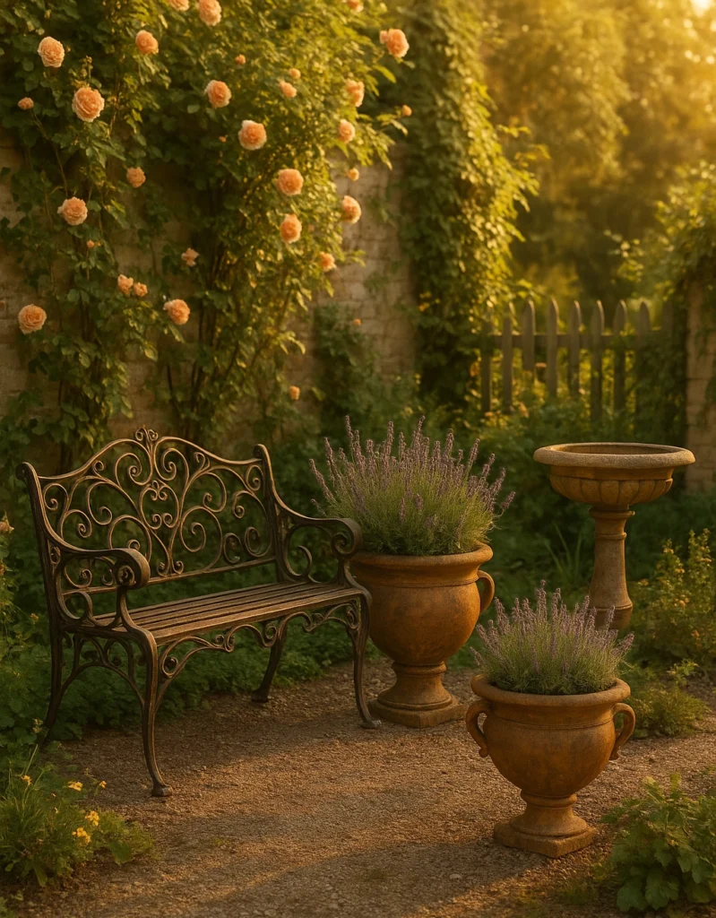 Elegant vintage garden with wrought iron bench and antique planters - antique garden decor.