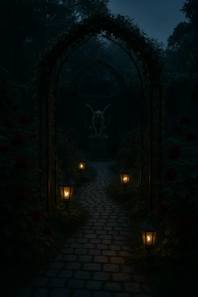 Gothic garden with wrought iron arches, lanterns, and dark roses.