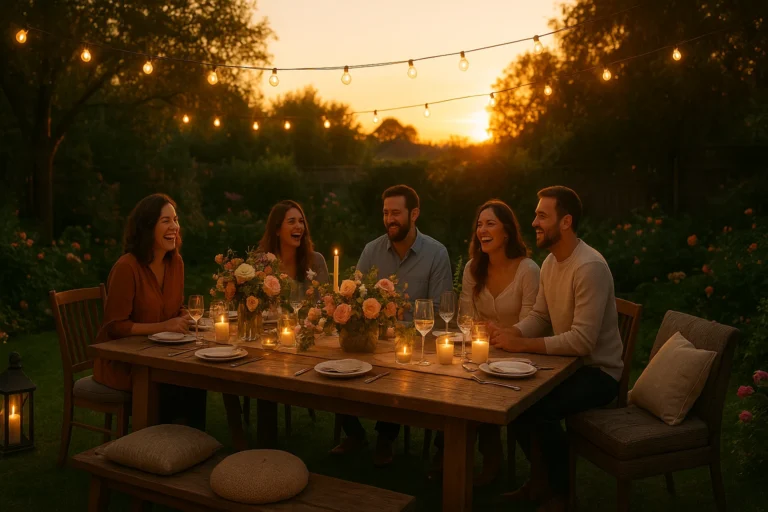 Backyard garden party with elegant tables, flowers, and string lights. garden party theme.