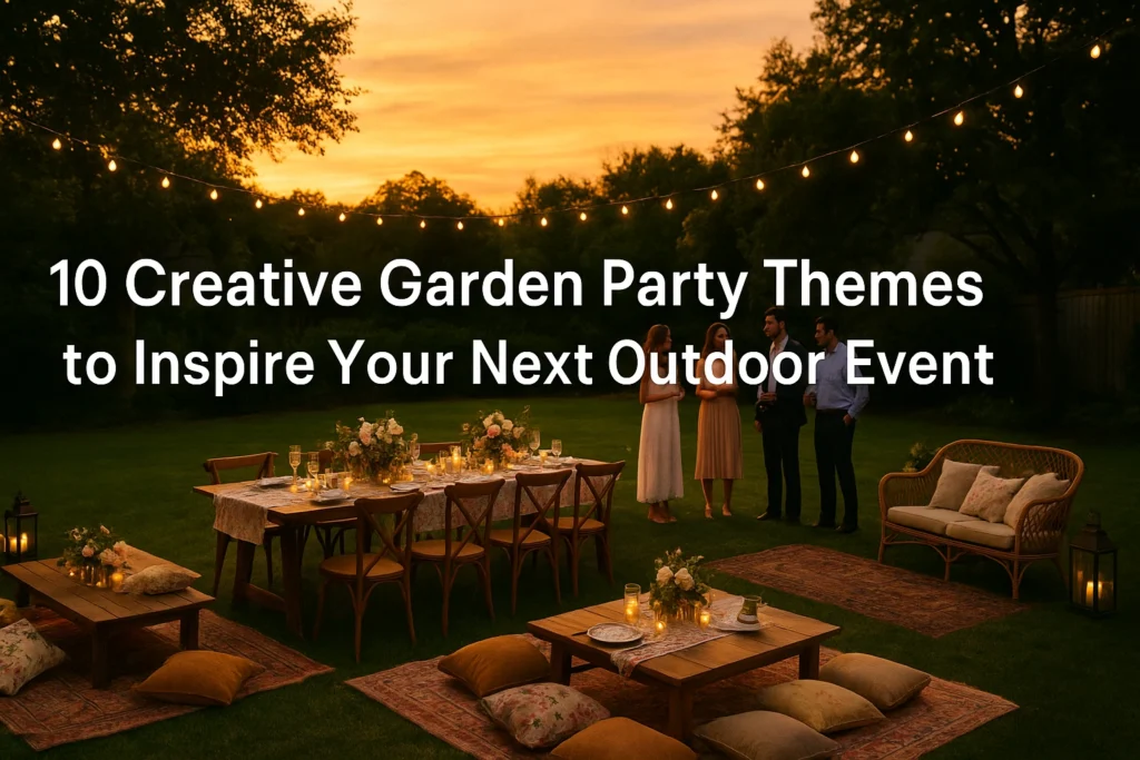 Backyard garden party with elegant tables, flowers, and string lights. garden party theme.