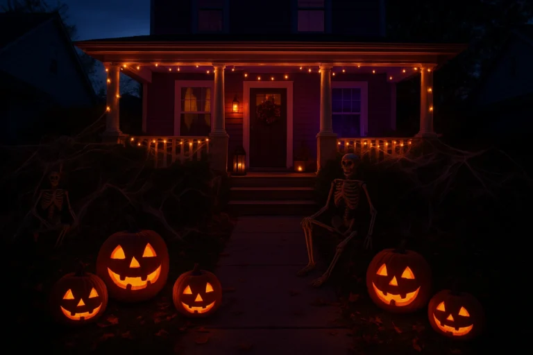 Halloween Decorations Outdoor with pumpkins, skeletons, and lights.