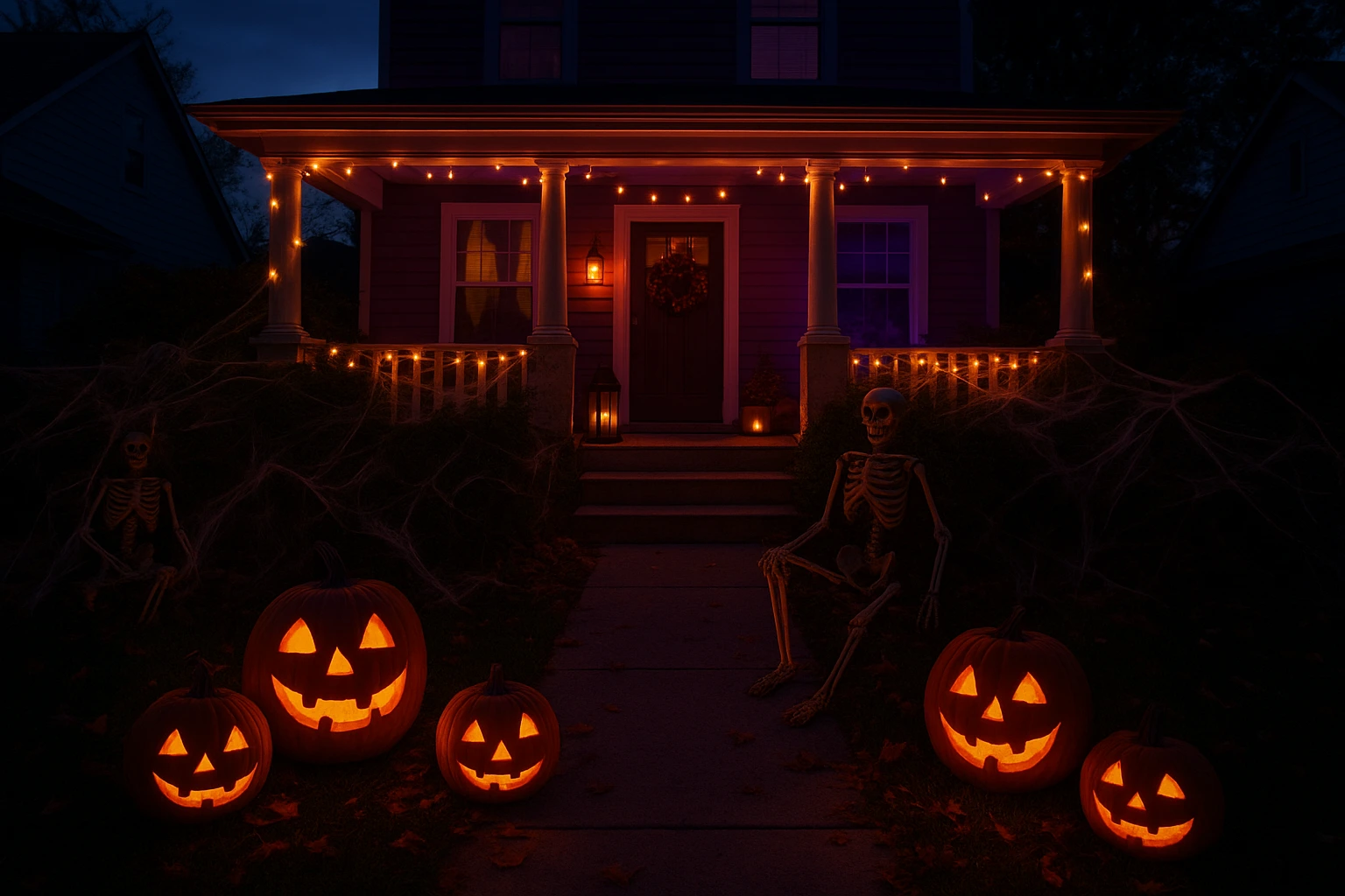 Halloween Decorations Outdoor with pumpkins, skeletons, and lights.