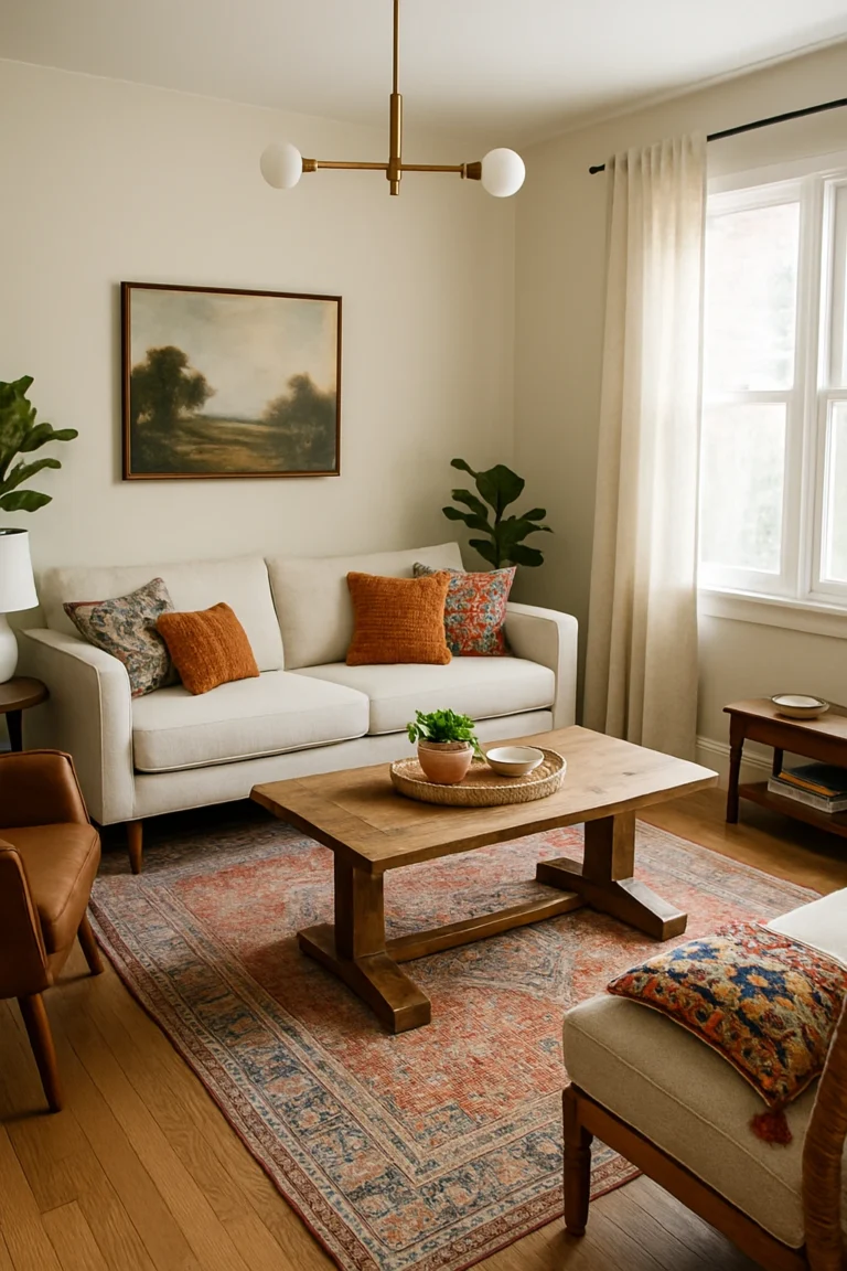 Elegant living room blending modern, boho, farmhouse, and traditional decor