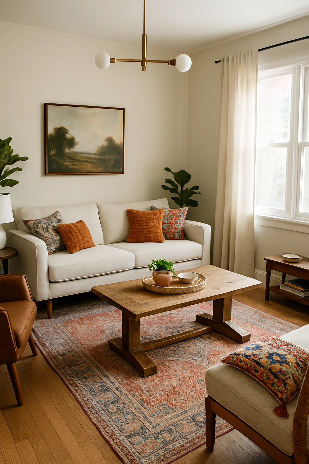 Elegant living room blending modern, boho, farmhouse, and traditional decor