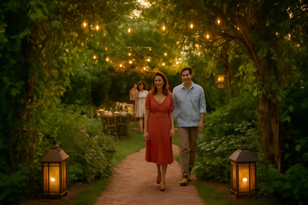 Backyard garden party at sunset with styled tables, cushions, and string lights.