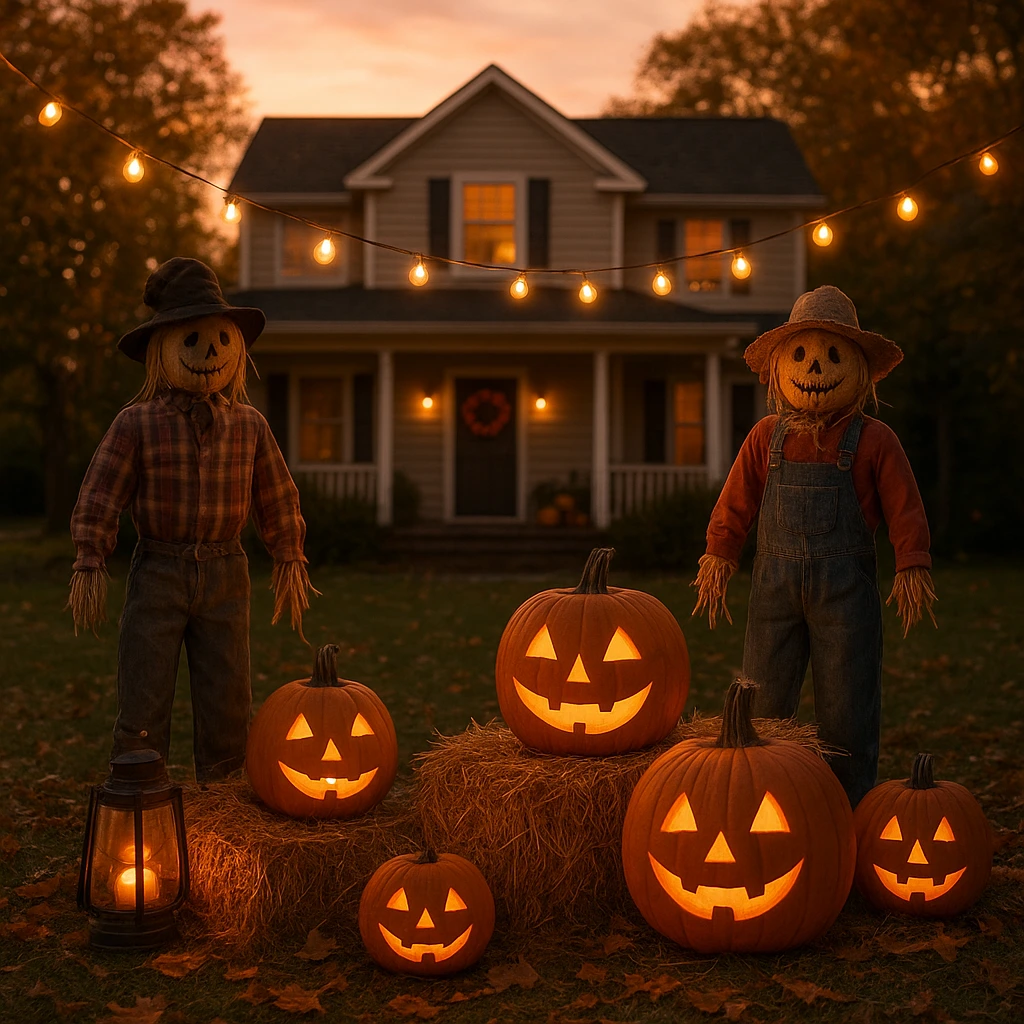 Classic Halloween decorations outside with pumpkins, scarecrow, and hay bales.