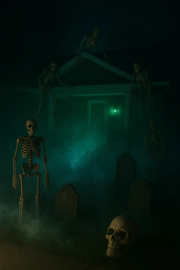Creepy Halloween decorations outside with skeletons and fog.