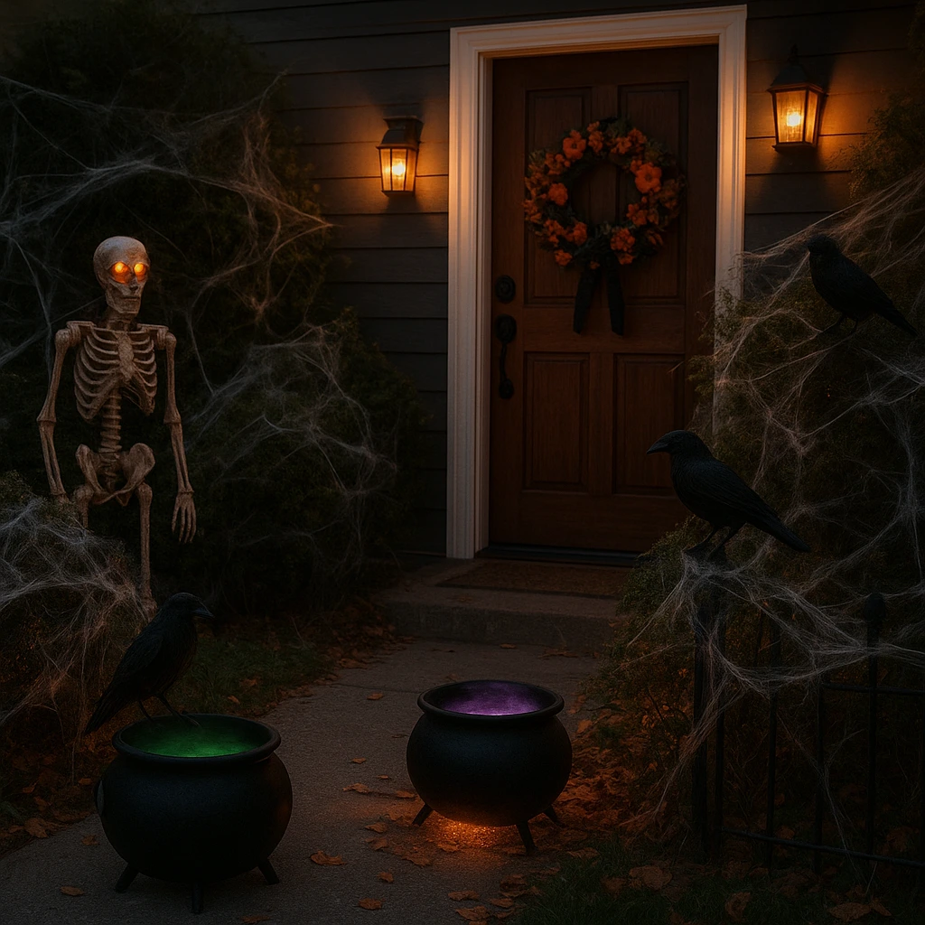 Outdoor Halloween accessories including wreaths, cauldrons, and ravens.