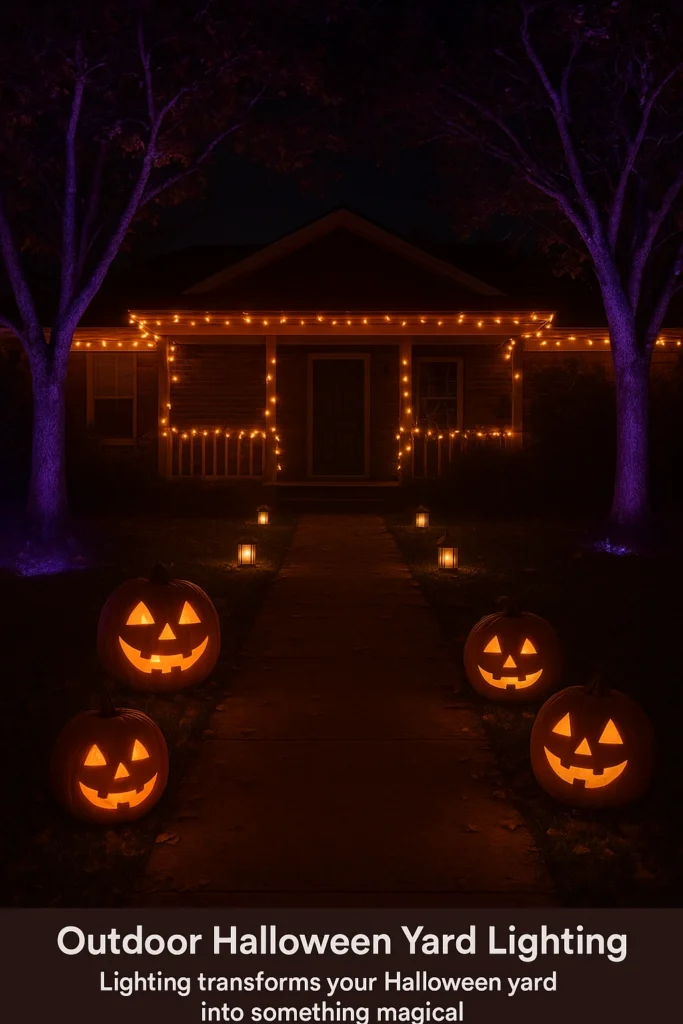 Outdoor Halloween lighting with pumpkins and string lights.