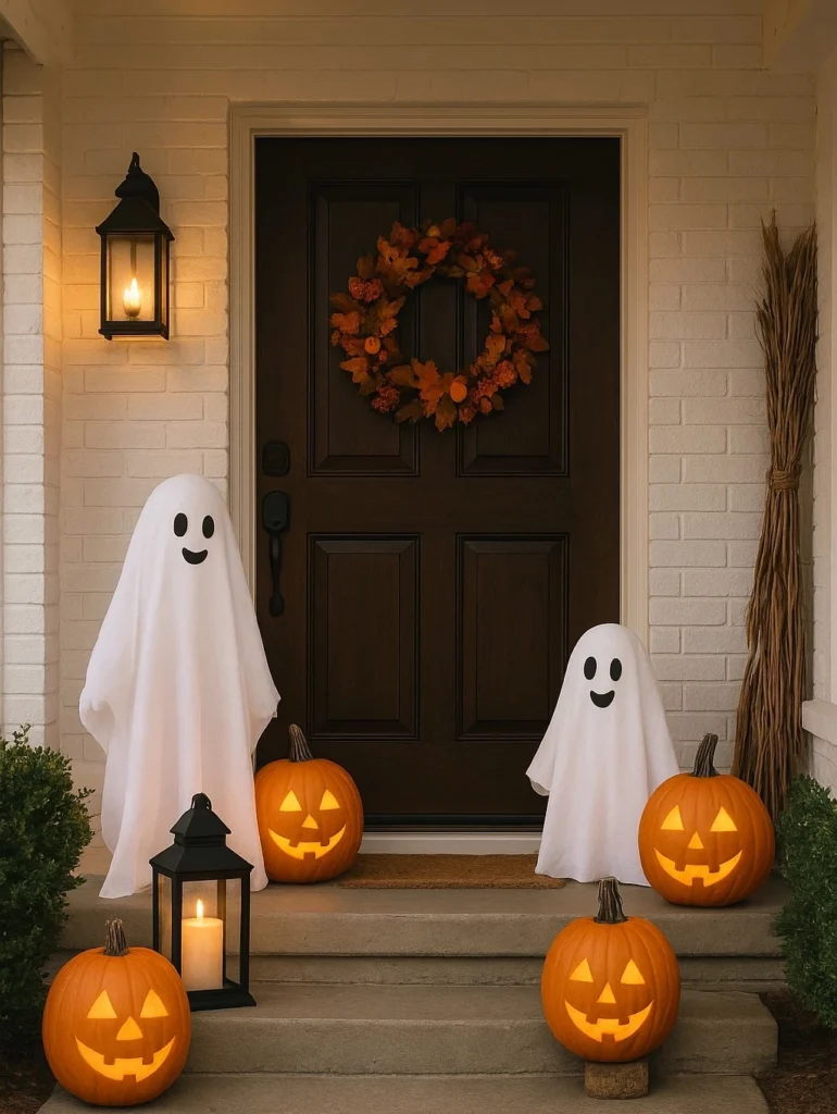 Front porch with Halloween outdoor decor featuring pumpkins and lanterns.