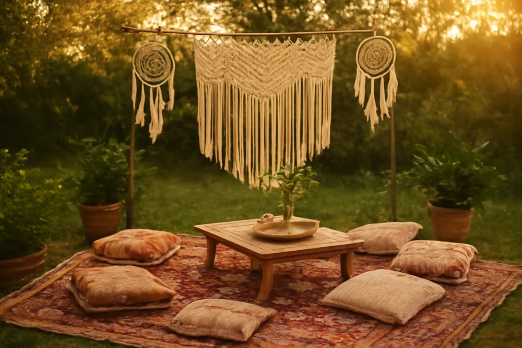 Bohemian picnic setup with layered rugs, low tables, and cushions.