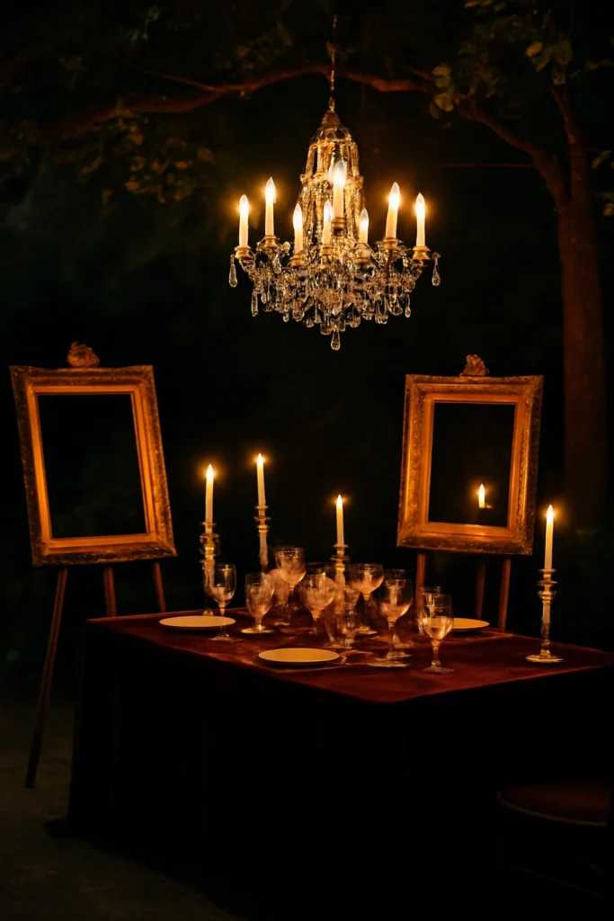 Vintage glam table with gold candleholders, crystal glassware, and chandelier.