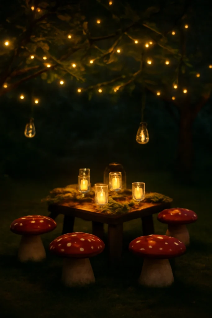 Fairy garden scene with string lights, mushroom stools, and moss accents.