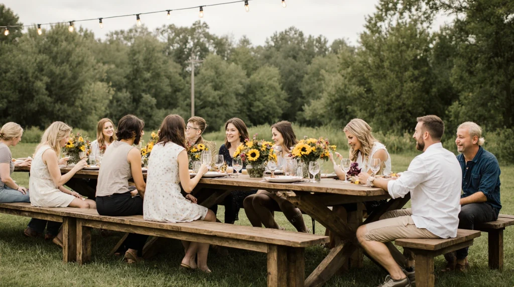Family-style farmhouse dining outdoors with long wooden table.