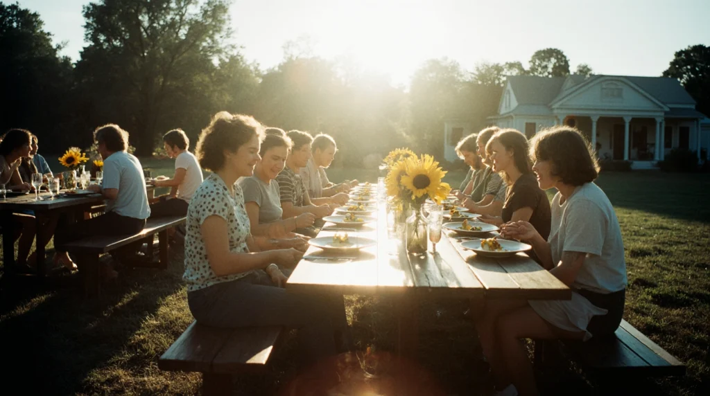 Family-style farmhouse dining outdoors with long wooden table.
