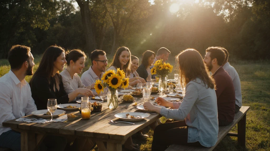 Family-style farmhouse dining outdoors with long wooden table.