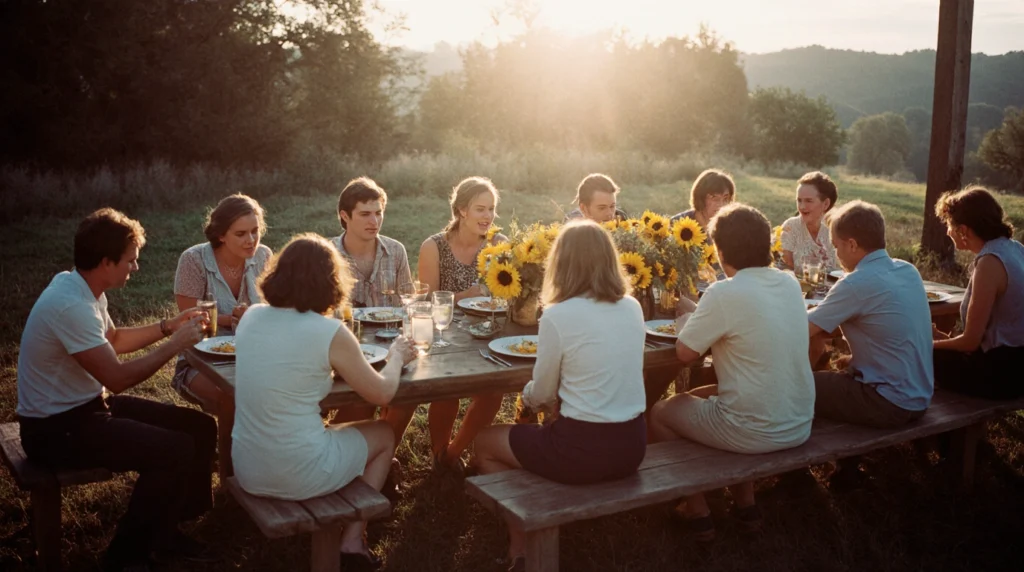 Family-style farmhouse dining outdoors with long wooden table.