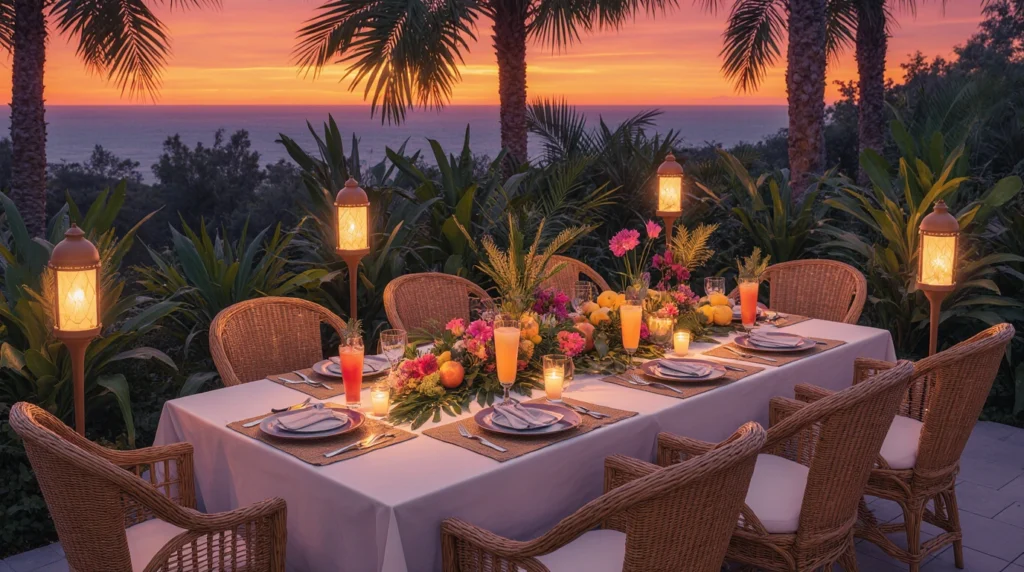 Tropical garden party with palm leaves, rattan seating, and tiki torches.